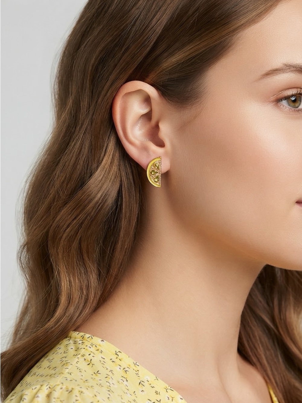 Lemon Stud Earrings | Yellow Enamel Crystal Fruit Gold Tone Earrings